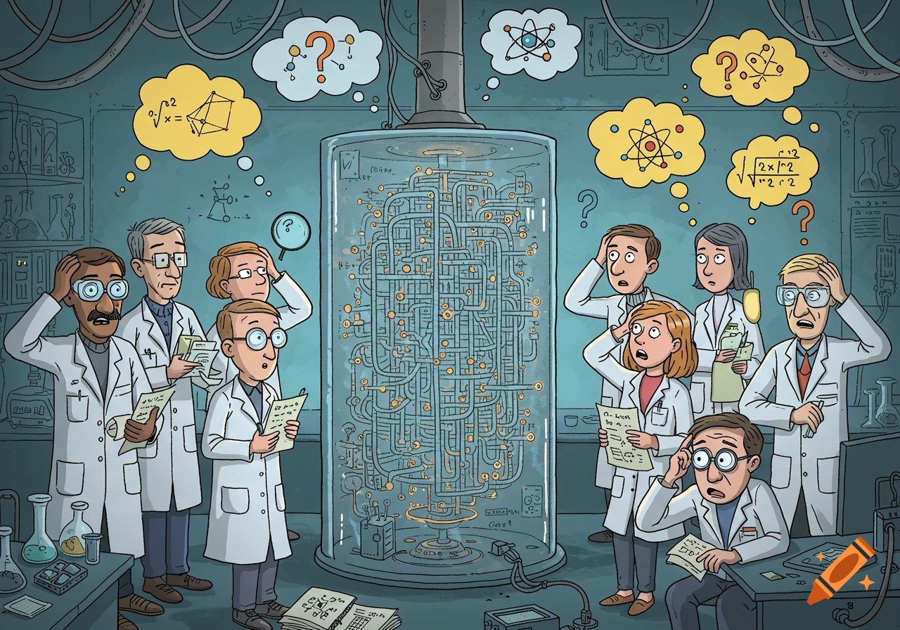 A cartoon depicts several puzzled scientists in a lab coat, looking confused at a complex quantum computer apparatus filled with tubes, while mathematical symbols and question marks float in thought bubbles above their heads.