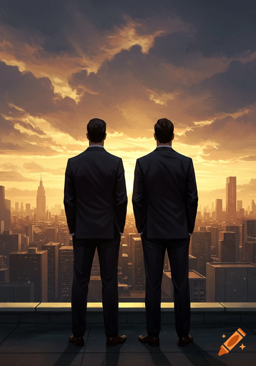 Two men in dark suits stand on a rooftop, backs to the viewer, looking at a city skyline under a dramatic golden sunset sky. Digital art.