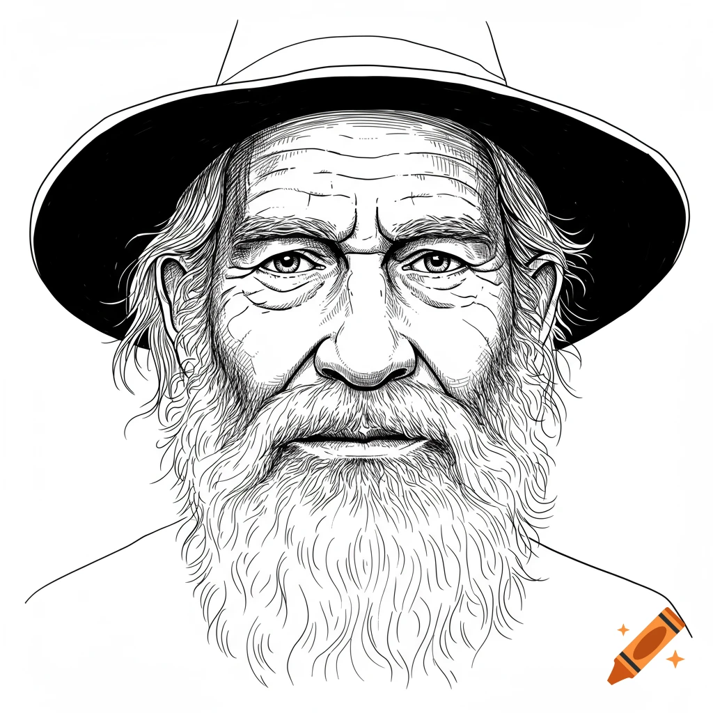 Close-up line art portrait of an old man with a long beard and a wide-brimmed hat.