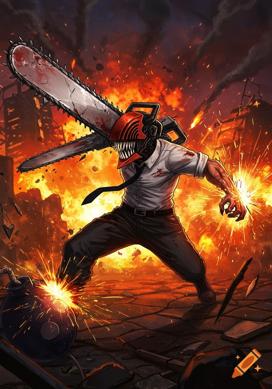 Chainsaw Man, Denji, with a chainsaw head and arm, steps on a bomb in an explosive, fiery anime scene.
