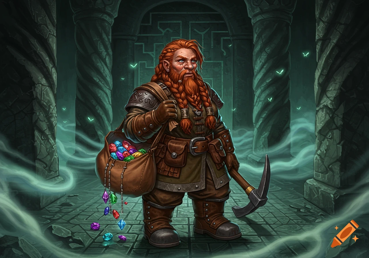 A female dwarf miner with a red braided beard holds a pickaxe and a bag of colorful gems in a misty, dark fantasy labyrinth.