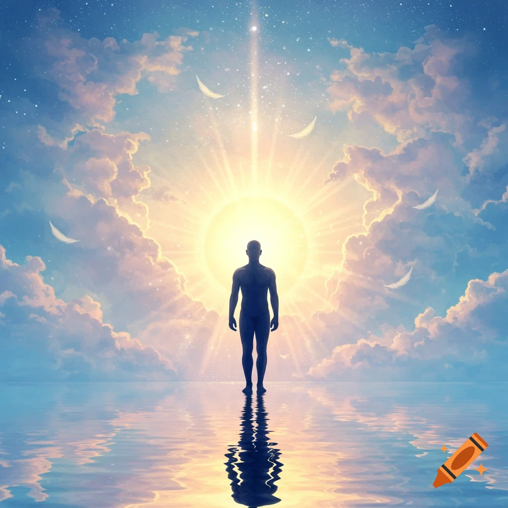 A silhouetted man stands on water, reflecting, under a sky with a glowing sun, clouds, stars, and crescent moons.