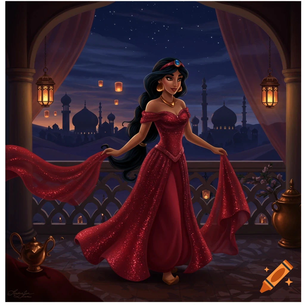 Illustration of Princess Jasmine in a sparkling red gown on a balcony at night, overlooking an Arabian city under a starry sky.