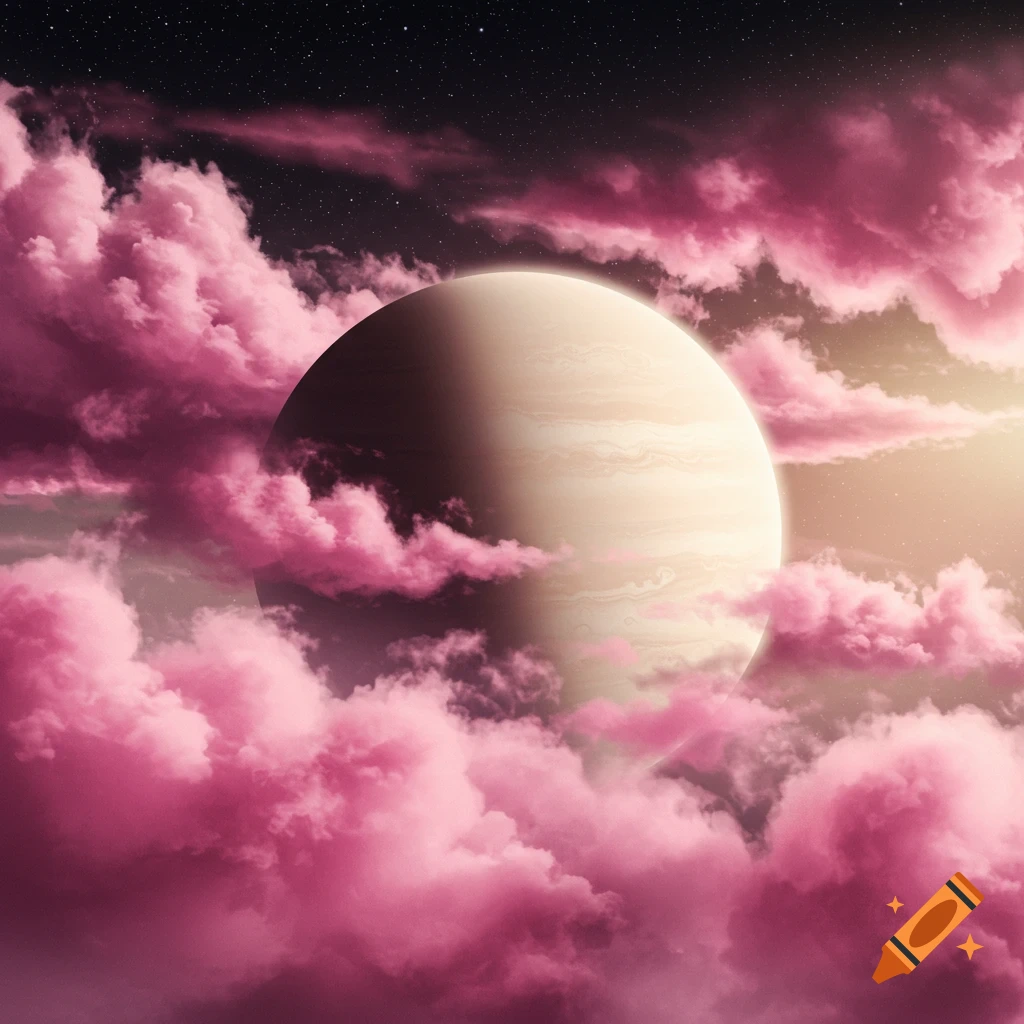 A cream-colored planet shrouded by vibrant pink clouds against a dark, starry night sky.