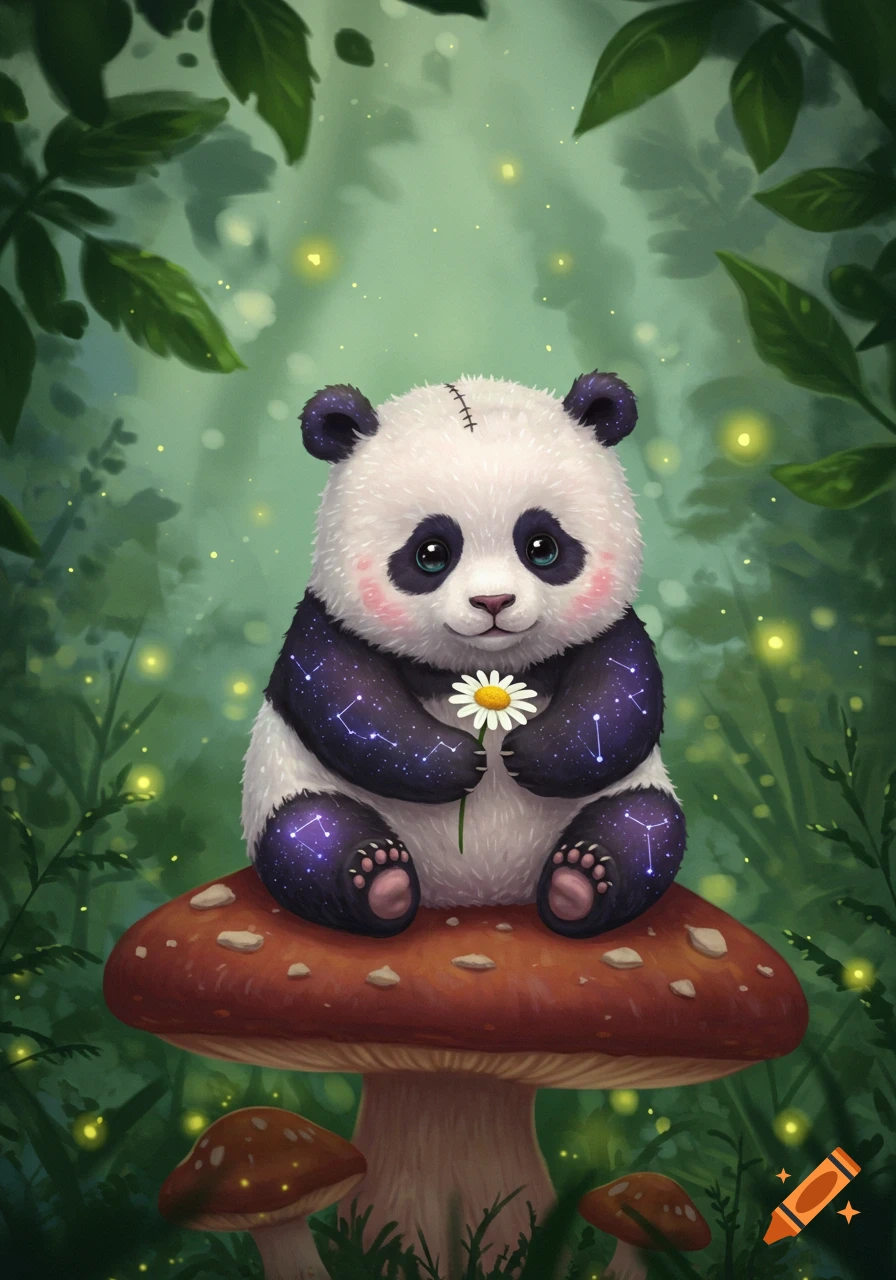 A cute, stylized baby panda with constellation-patterned fur sits on a mushroom, holding a daisy in a magical forest.