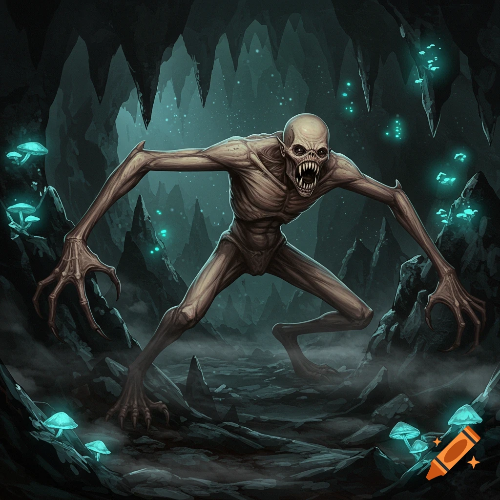 A tan, skeletal cave creature with large sharp teeth and long spindly limbs, standing in a dark cave with glowing blue mushrooms.
