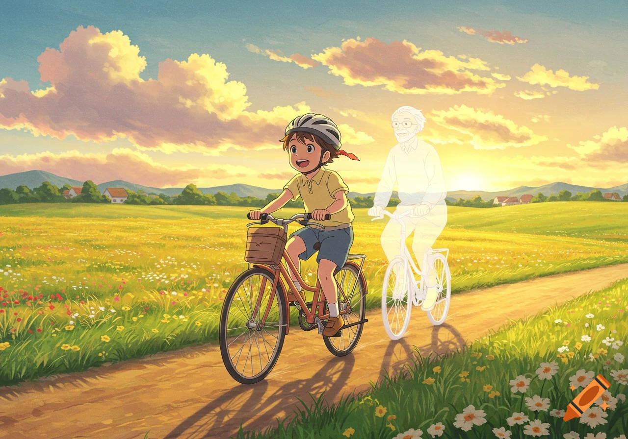 An anime boy bikes on a dirt path through a golden flower field at sunset, with a transparent older man on a bicycle next to him.