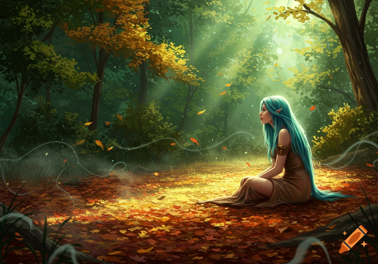 A blue-haired elf woman in a brown dress sits on an autumn forest floor, bathed in sunbeams.