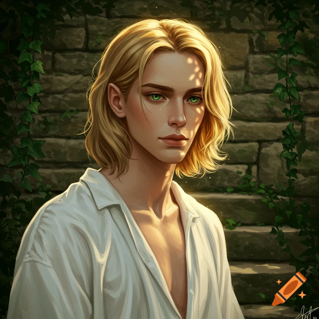 A handsome young man with long blonde hair and green eyes, wearing a white shirt, stands before an ivy-covered stone wall in dappled sunlight.