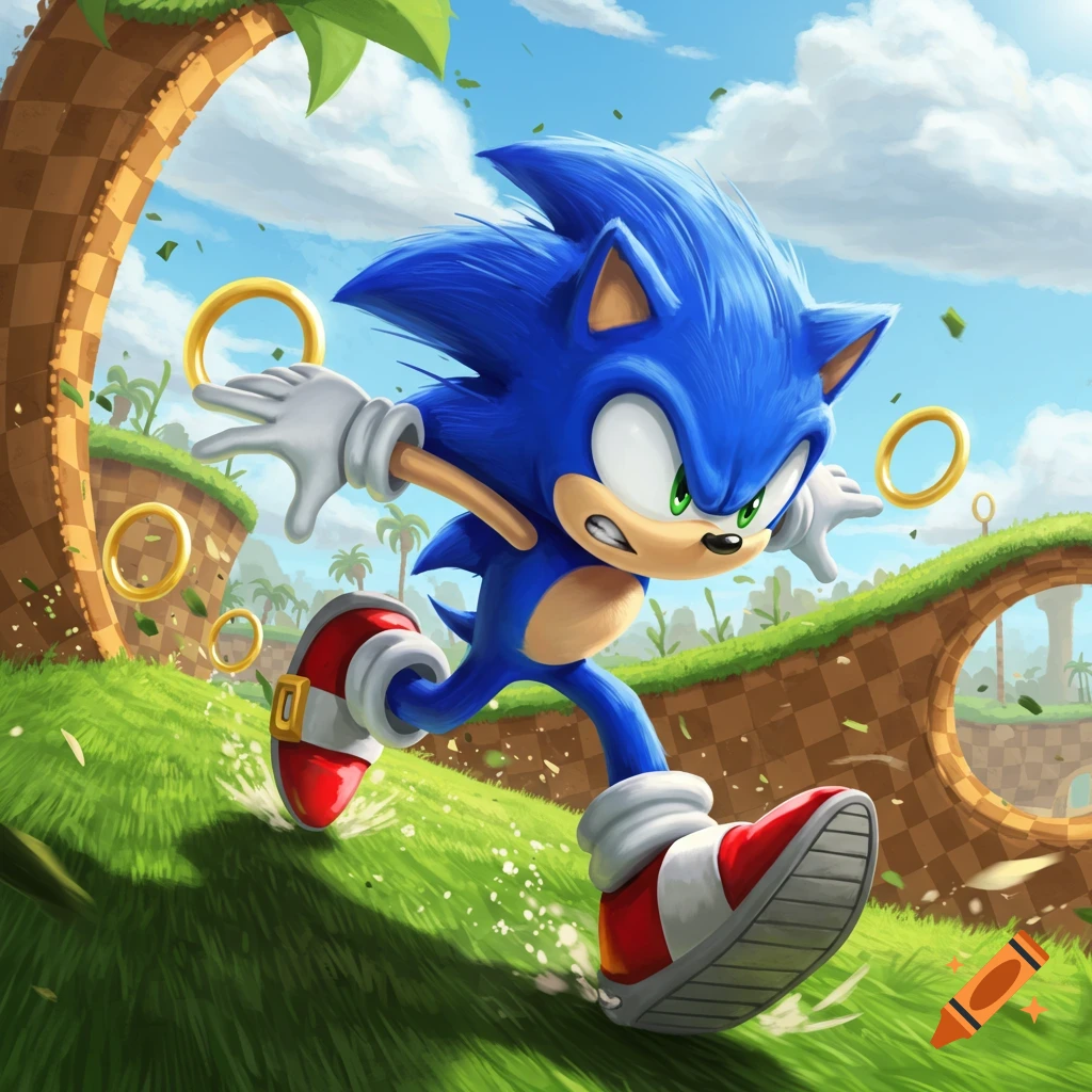 Sonic the Hedgehog runs quickly through a vibrant green landscape with golden rings and corkscrew paths in a stylized illustration.