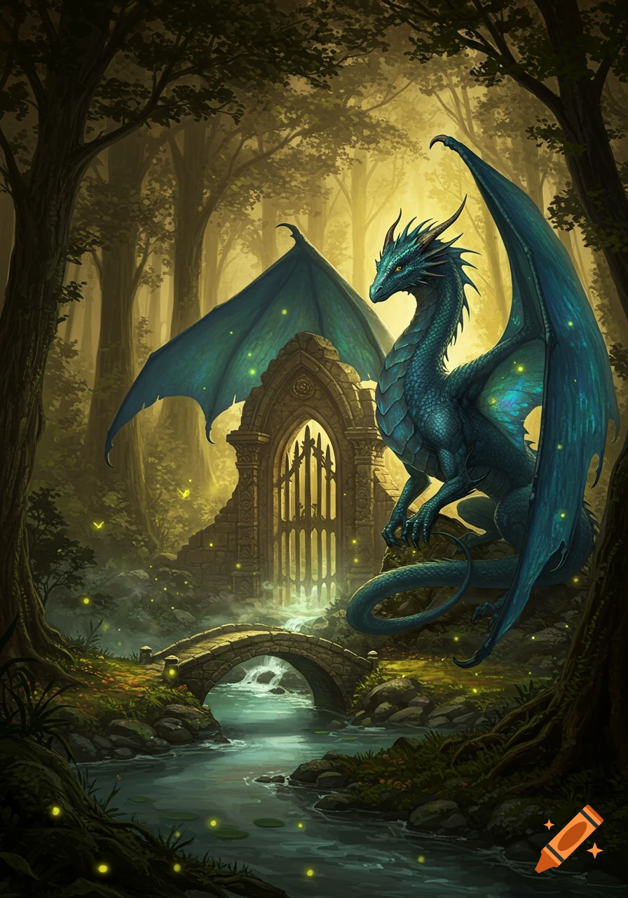 A vibrant blue dragon perches by a ruined stone gate in an enchanted forest with a stream and stone bridge, glowing fireflies float around.