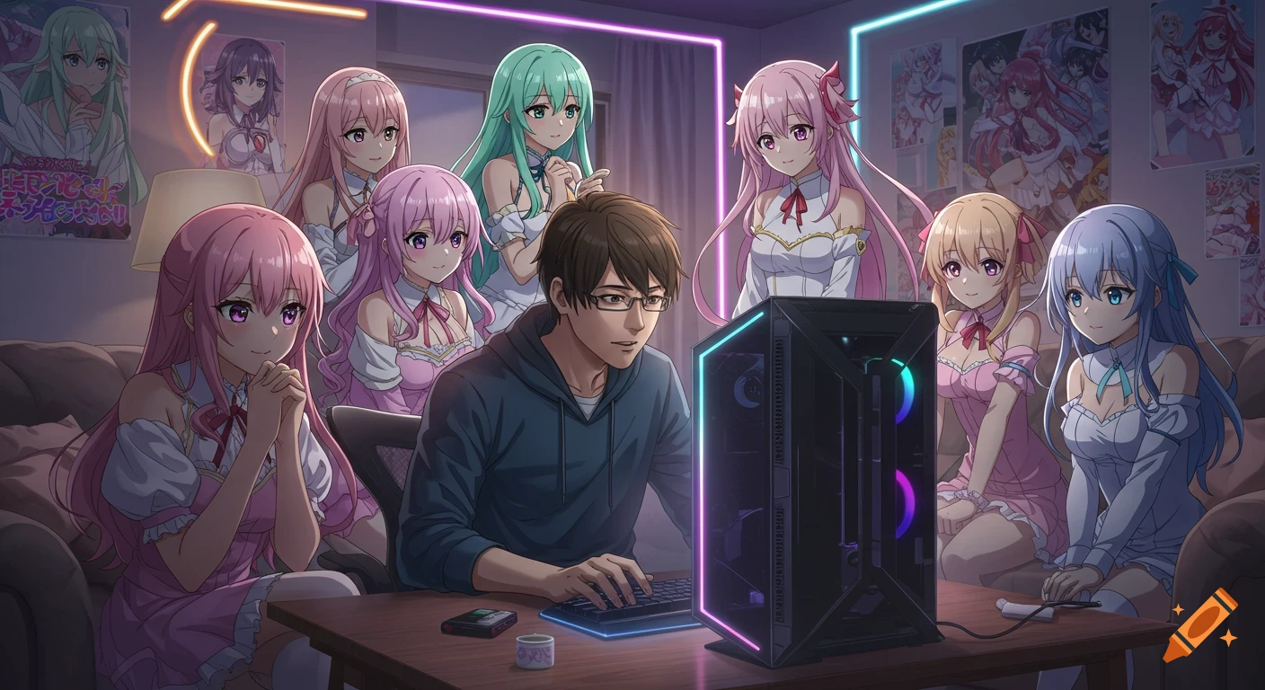 An anime man in glasses plays on a glowing PC, surrounded by seven anime women with colorful hair in a neon-lit room.