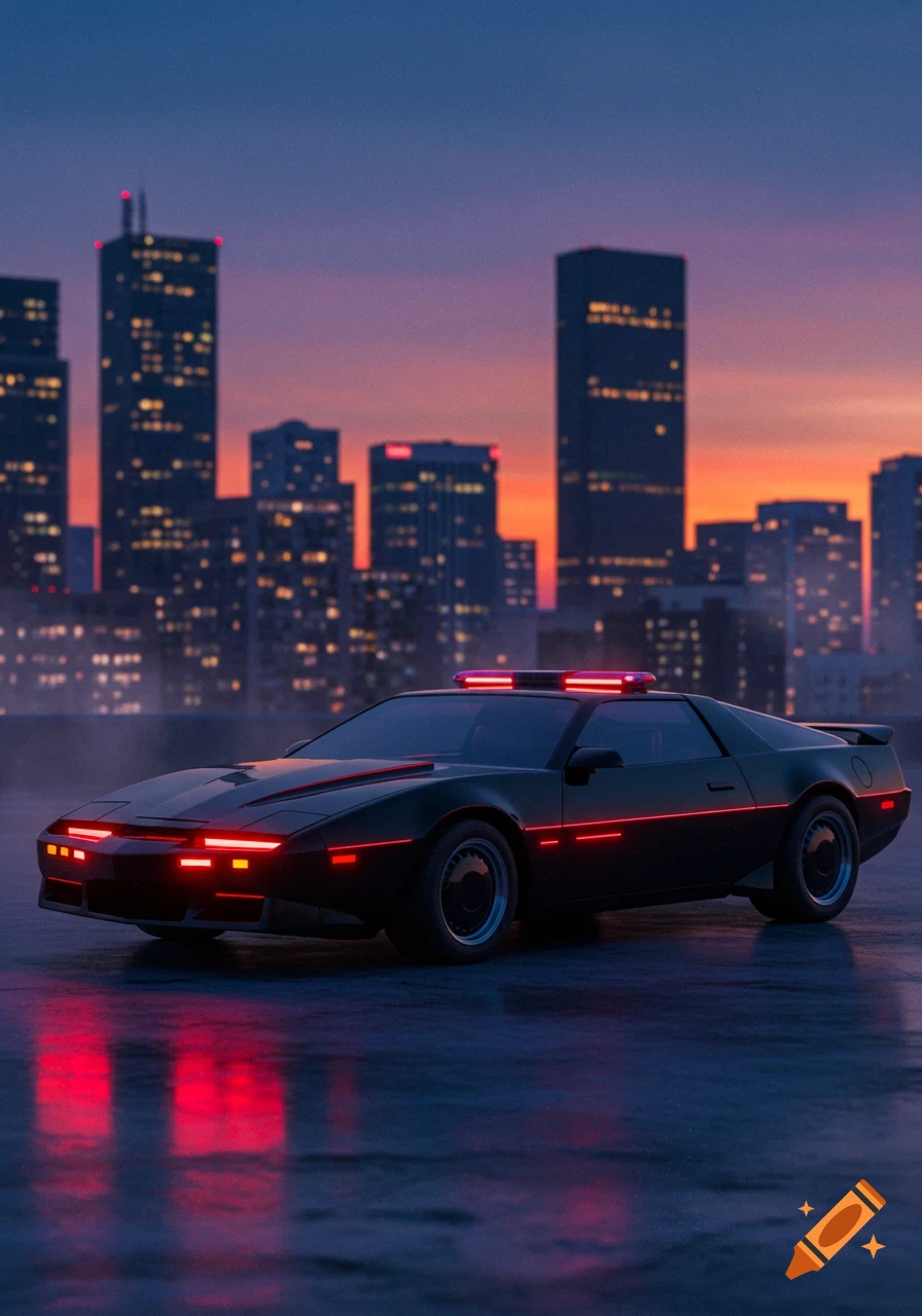 A black futuristic car with glowing red lights and a light bar, parked on a wet surface in front of a blurry cityscape at sunset.