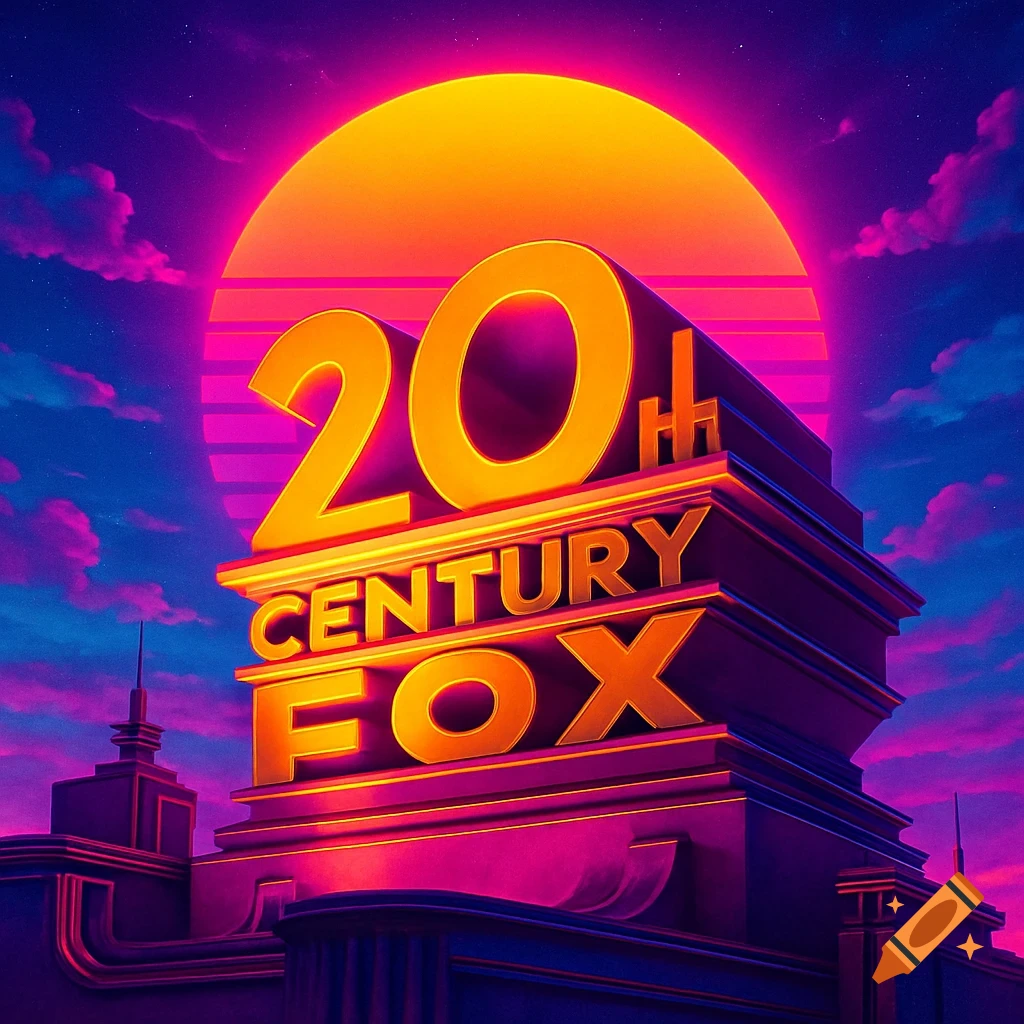 The 20th Century Fox logo rendered in a synthwave style, with a large retro sun and vibrant pink and blue sky.
