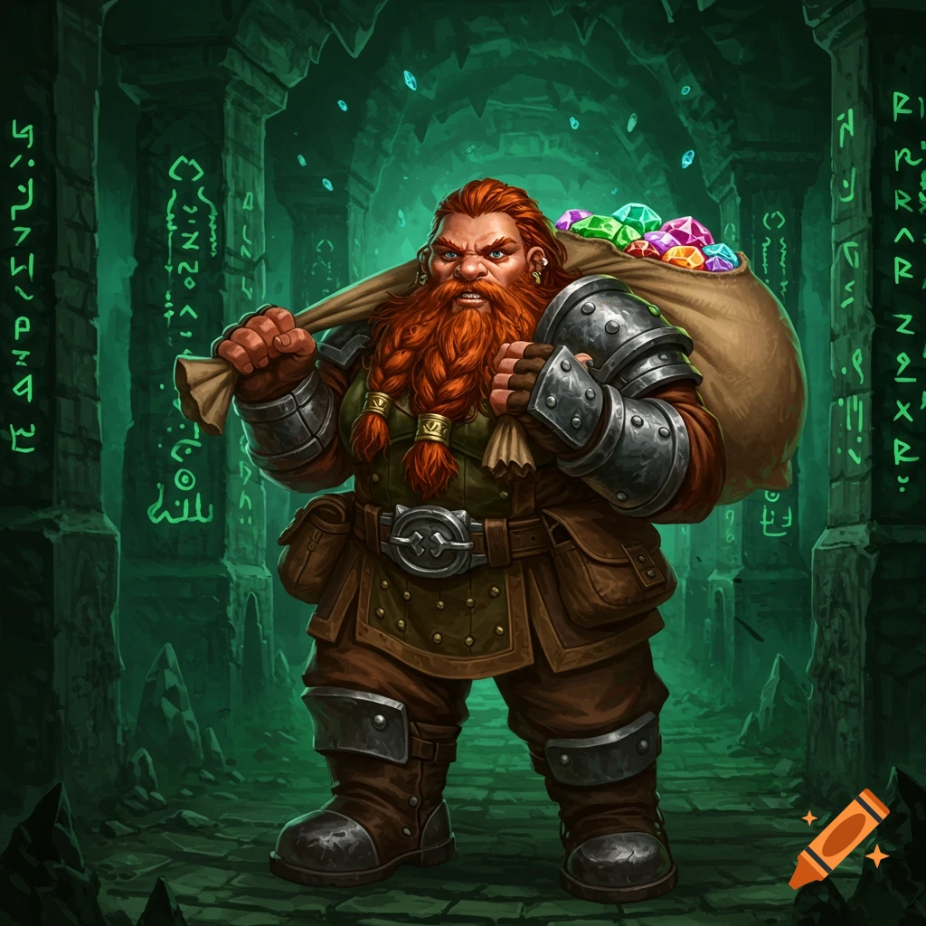 A formidable female dwarf miner with a braided red beard carries a bulging bag of colorful gems through a glowing green dungeon.