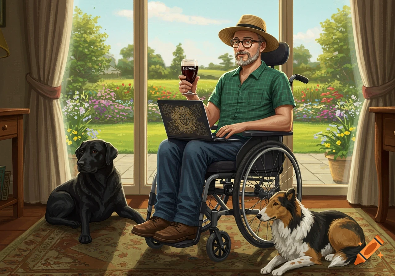 An illustrated man in a wheelchair with glasses and a straw hat uses a laptop and holds a glass of Guinness, with a black Labrador and a tricolor collie at his feet, overlooking a vibrant garden.