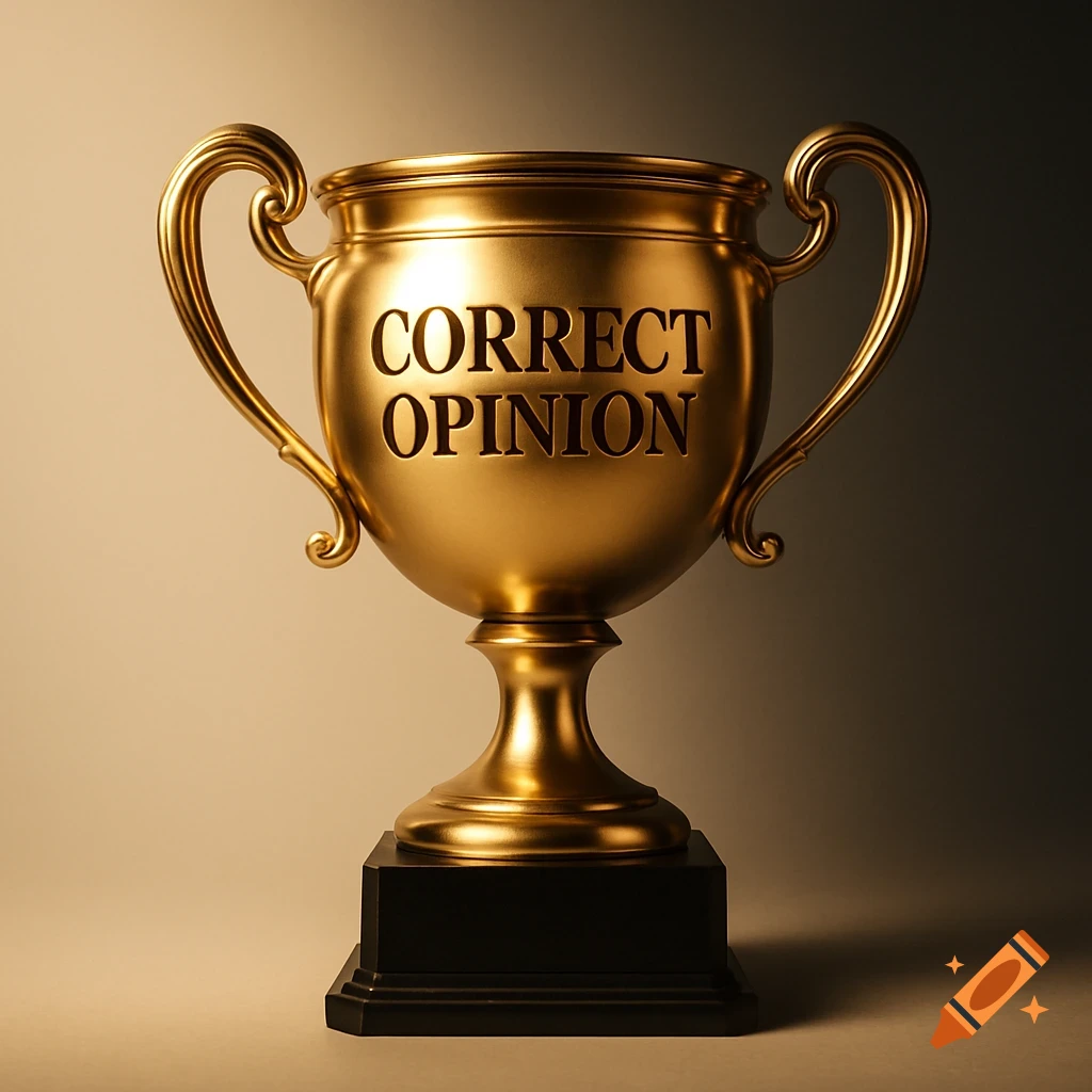 A shiny golden trophy with 'CORRECT OPINION' engraved on its body, set on a dark rectangular base.