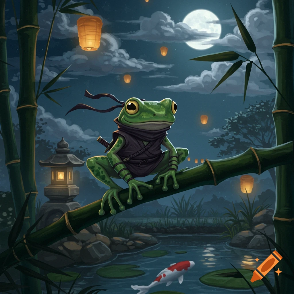 A green frog ninja perches on a bamboo branch in a moonlit forest scene with a pond, koi fish, and glowing lanterns.