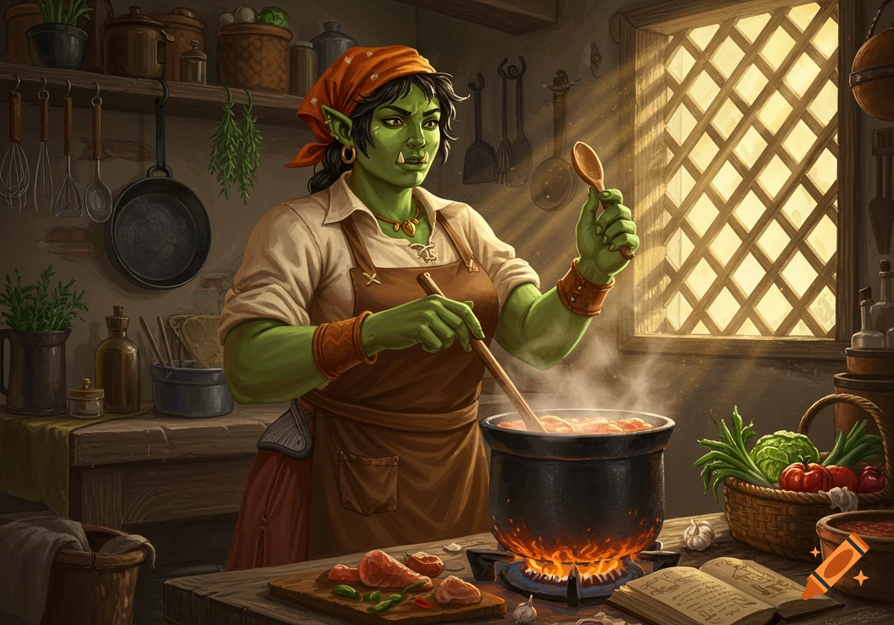 A green-skinned half-orc woman in an apron stirring a pot on a stove in a rustic kitchen, digital art.
