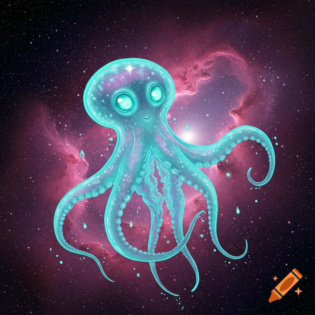 A friendly, glowing, light blue octopus-like alien floats in a dark, star-filled space with a vibrant pink nebula.