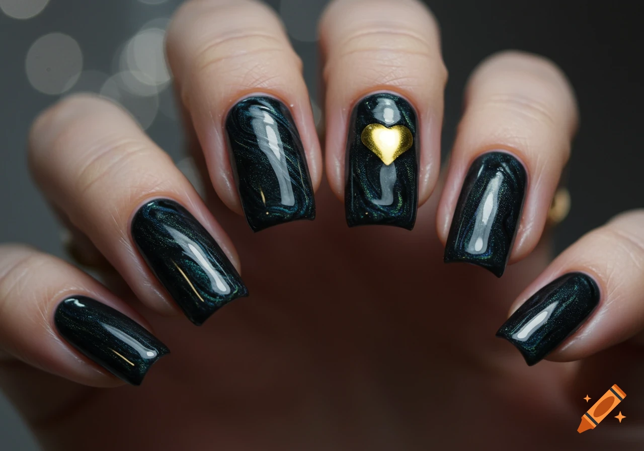 Close-up of a hand with dark, shimmering ballerina nails. A gold heart adorns the ring finger.