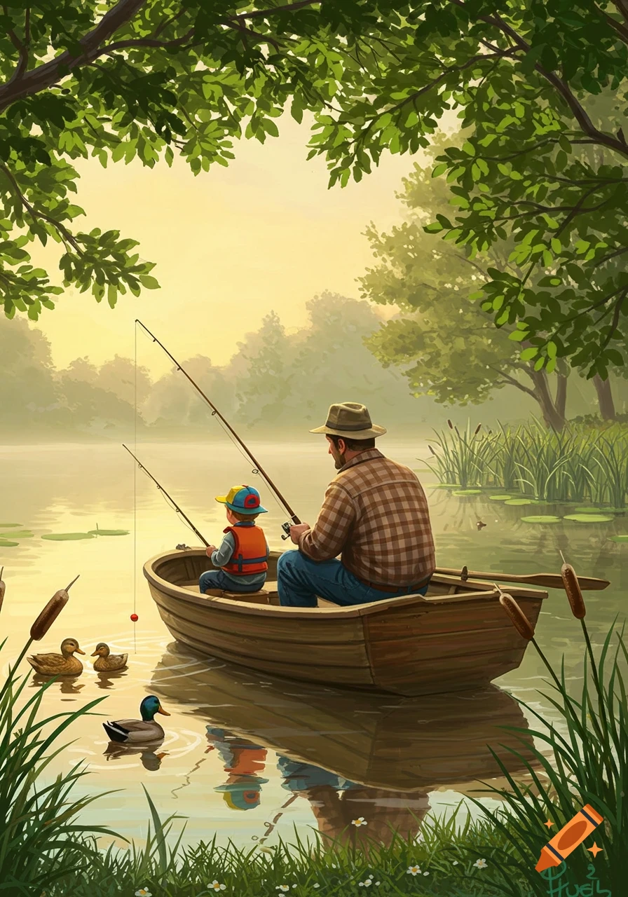An illustrated father and son fish from a wooden boat on a serene lake at sunset, surrounded by green trees, reeds, and ducks.