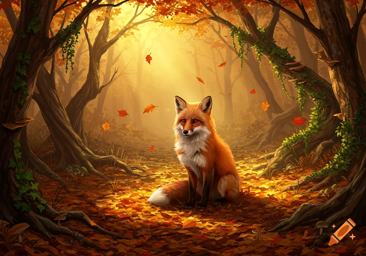 A red fox sits amidst a vibrant autumn forest floor covered in golden leaves, illuminated by bright sunlight.