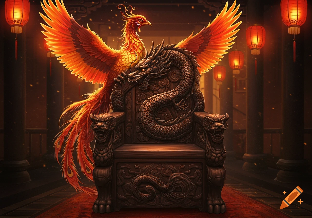 A majestic, dragon-carved throne with a vibrant, fiery phoenix soaring behind it in an ornate, lantern-lit hall.
