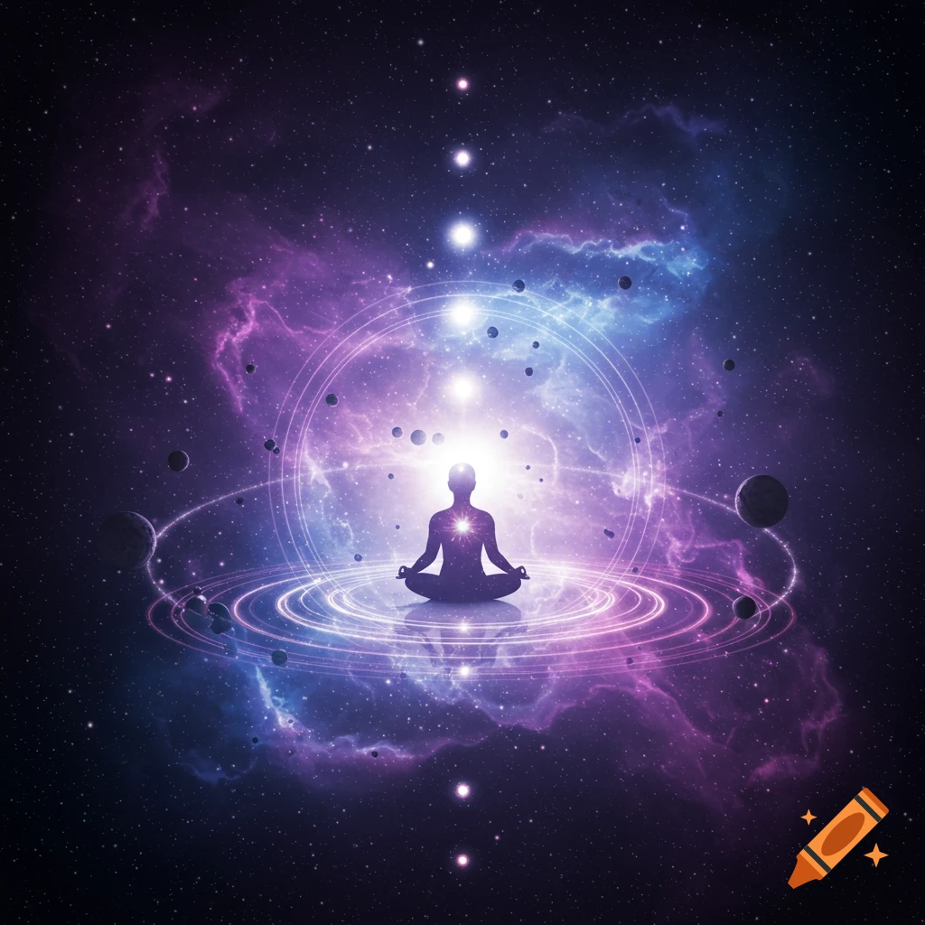Silhouette of a person meditating in a lotus position, emanating light, surrounded by planets and colorful nebulae in space.