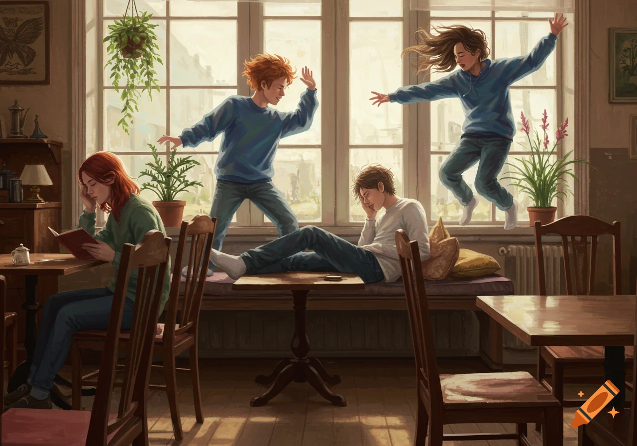 Four young people in a sunlit cafe. One reads, one rests on a window bench, one jumps, and another poses as if slapping.