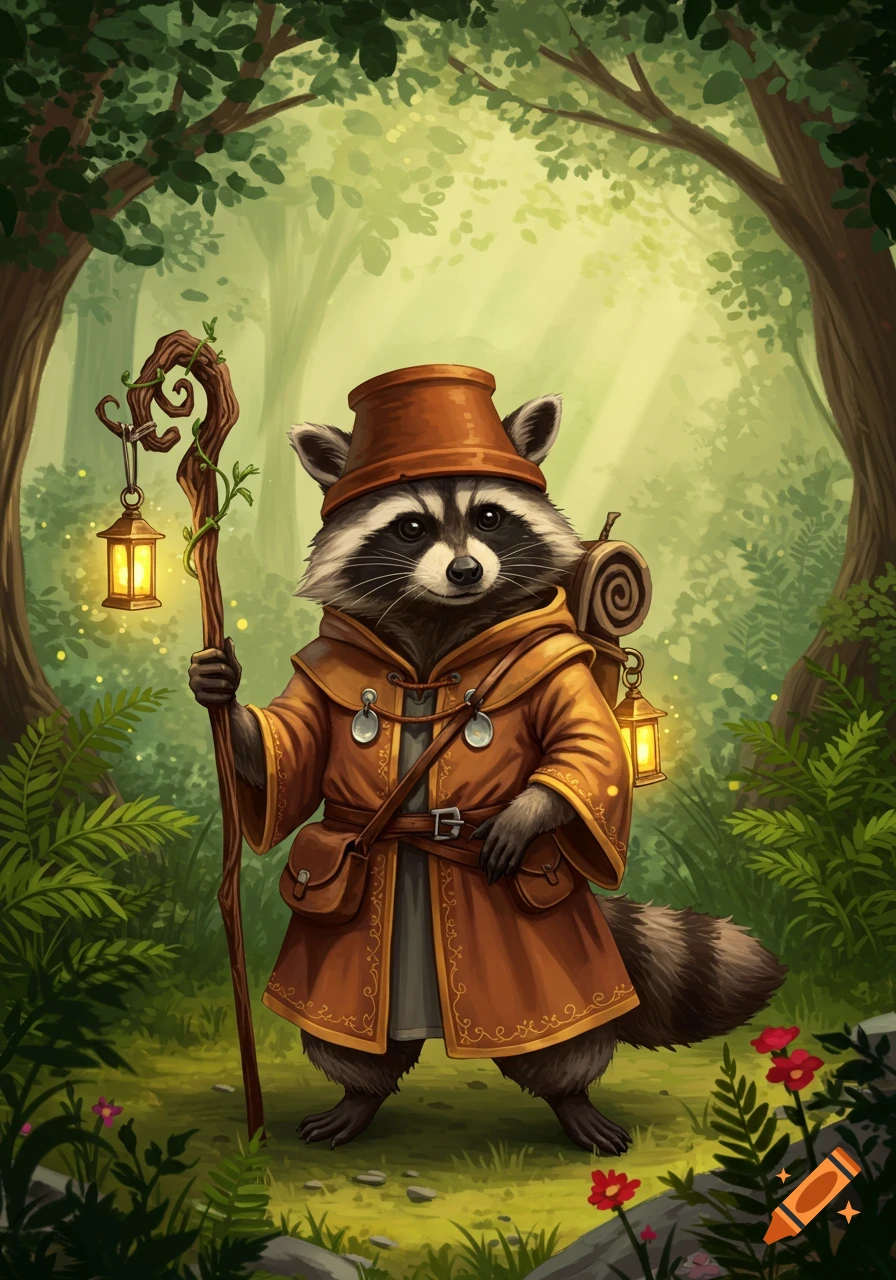 An illustrated cartoon raccoon cleric, wearing a pot for a helmet and an orange robe, holds a lantern staff in an enchanted forest.