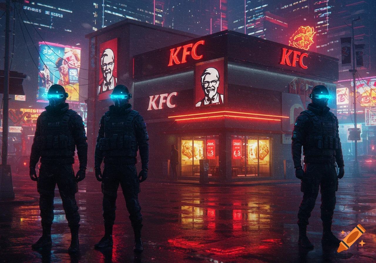 Three armored figures with glowing blue visors stand in a rainy, neon-lit cyberpunk city street in front of a KFC restaurant.