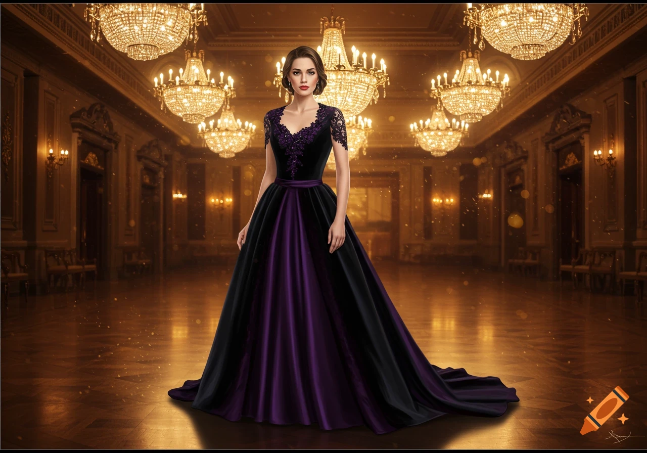 A woman in a long black and purple gown stands elegantly in a grand ballroom under sparkling chandeliers.