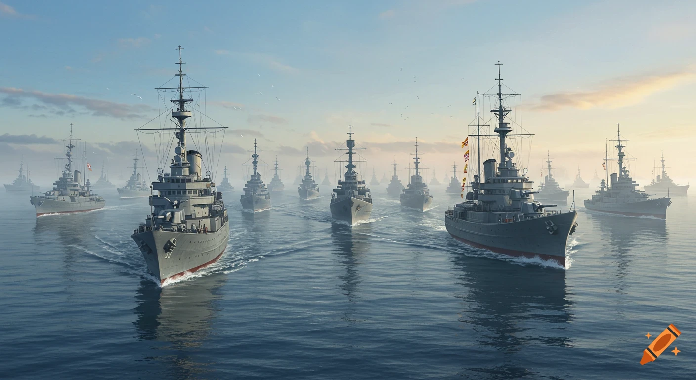 A large fleet of gray warships sails in formation on the ocean under a cloudy sky.