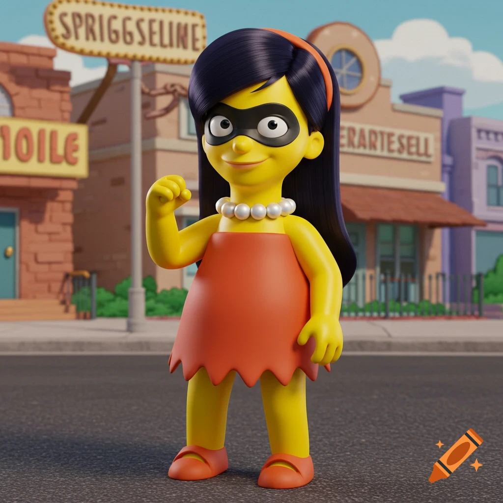 A 3D rendered cartoon girl with yellow skin, black hair, wearing an orange dress, black mask, and pearl necklace, standing on a street.