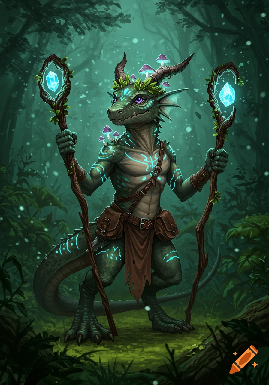 A green, scaly humanoid creature with horns and glowing runes stands in a dark fantasy forest, holding two crystal staffs. Digital art.