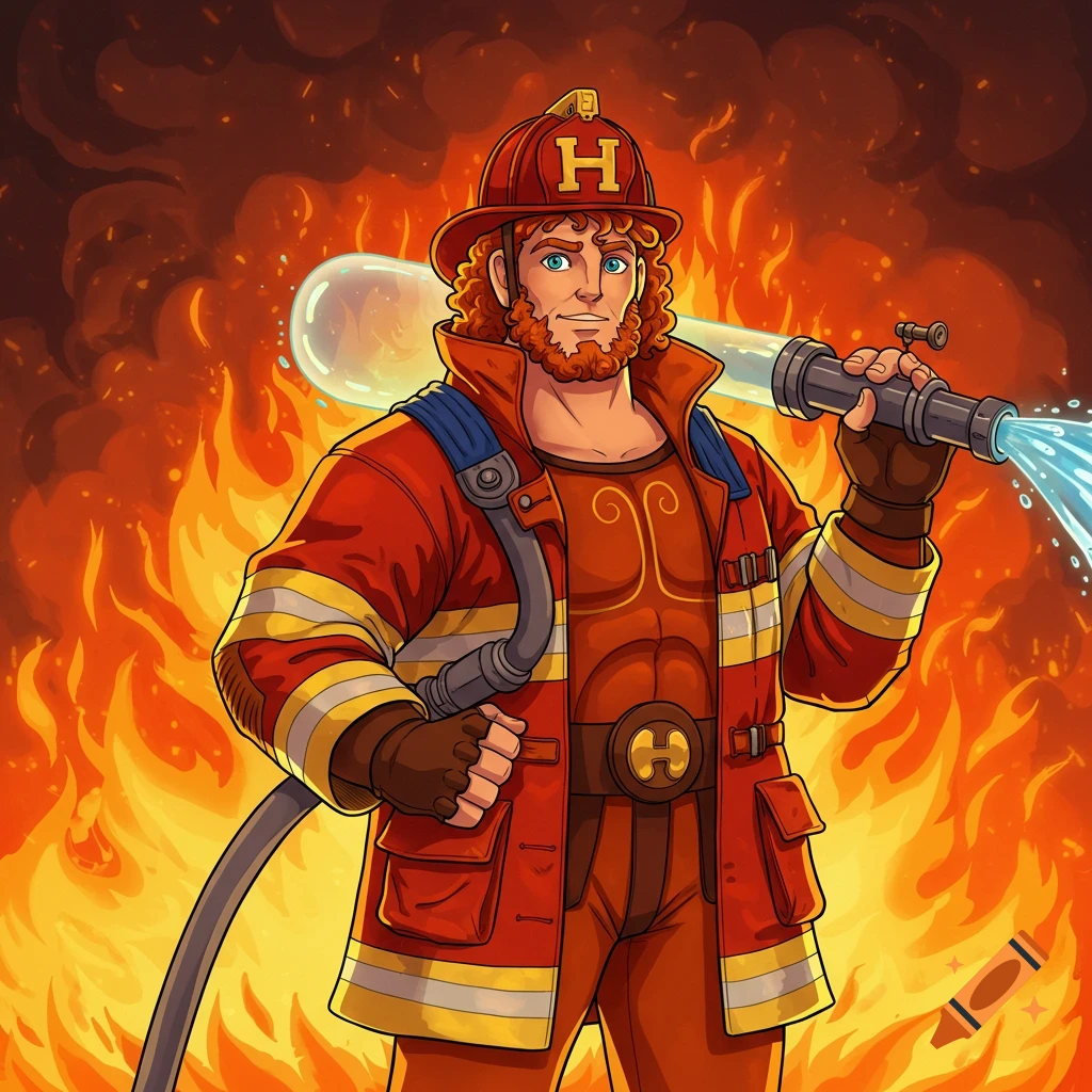 A cartoon Hercules-like firefighter with a red beard and blue eyes, wearing a red uniform with an 'H' on his helmet and belt, sprays water from a hose amidst a backdrop of raging fires.