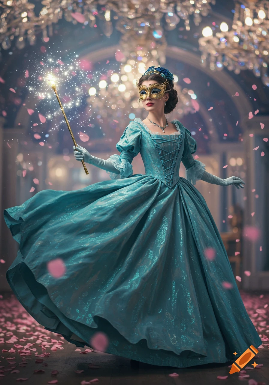 A woman in a blue ballroom gown and a golden masquerade mask holds a sparkling magic wand in a grand hall with falling petals.