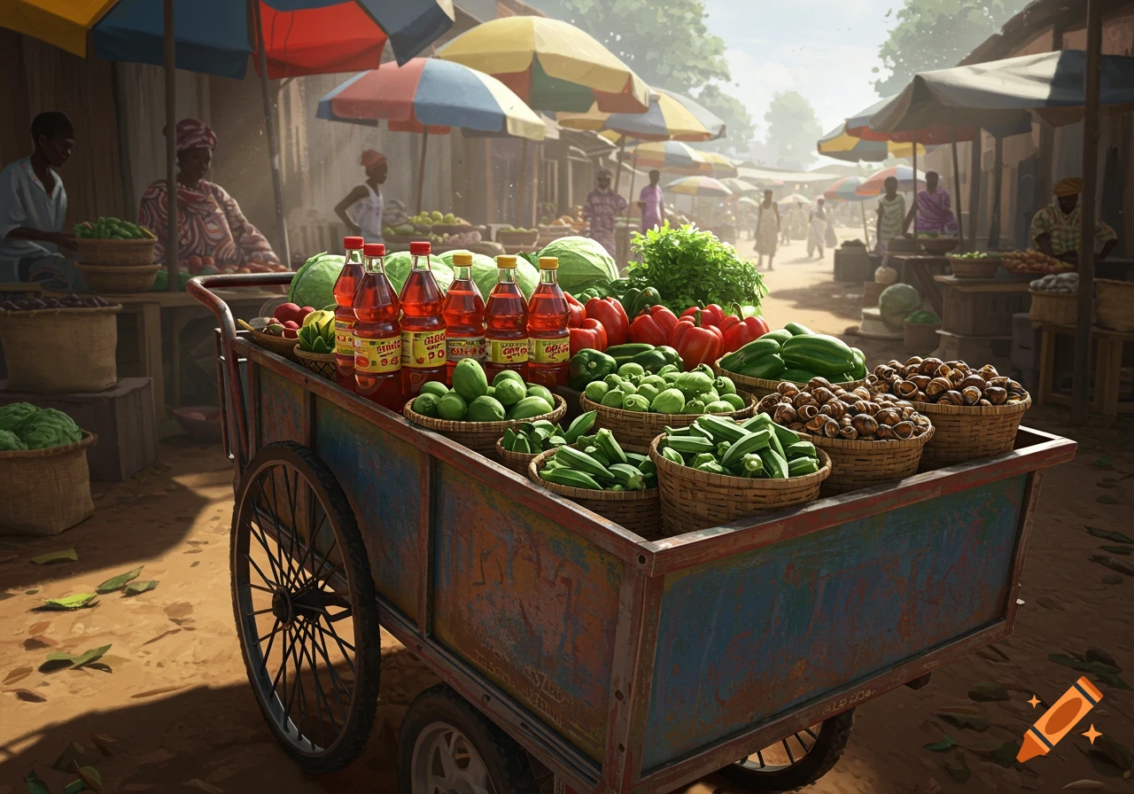 A vibrant market scene with a wooden cart full of fresh produce like green vegetables, red peppers, watermelons, snails, and red bottled drinks, under colorful umbrellas. People mill about in the background.