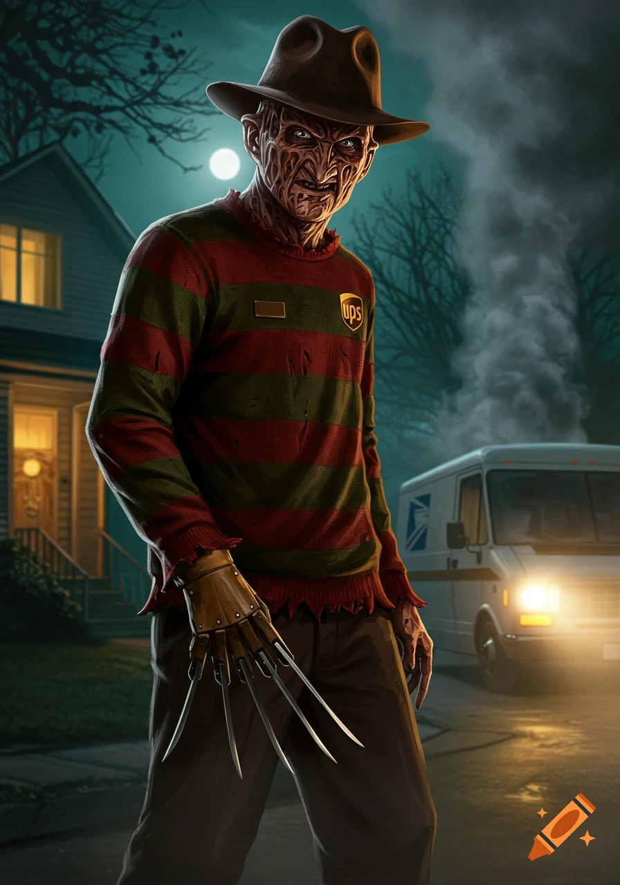 Freddy Krueger dressed as a UPS driver, standing outside a house at night with a delivery van in the background.