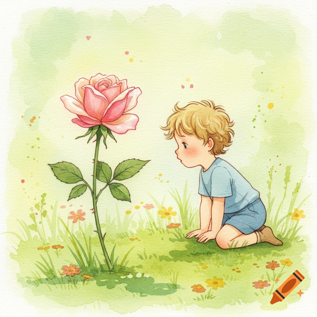 A cute blonde boy kneels in a grassy meadow, admiring a tall pink rose. Watercolor illustration style.