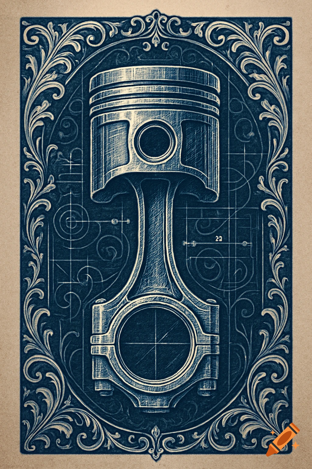 Blueprint style illustration of a car piston centered in an ornate frame, rendered in dark blue and white on a textured beige background.