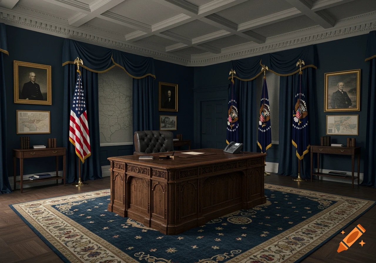A photorealistic Oval Office interior featuring a dark oak Resolute Desk, US and Presidential flags, navy walls, and traditional decor.