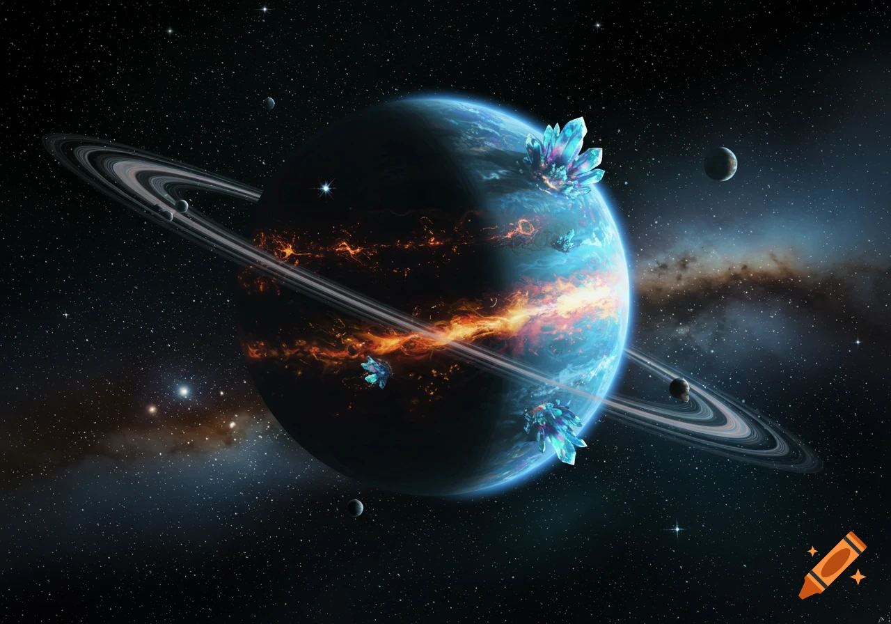 A vibrant, ringed planet with glowing orange and blue patterns in deep space, surrounded by stars and smaller celestial bodies.