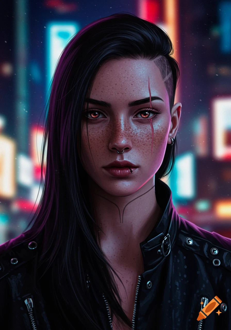 Digital art portrait of a young woman with shaved hair, a facial scar, freckles, piercings, and a leather jacket against a neon city background.