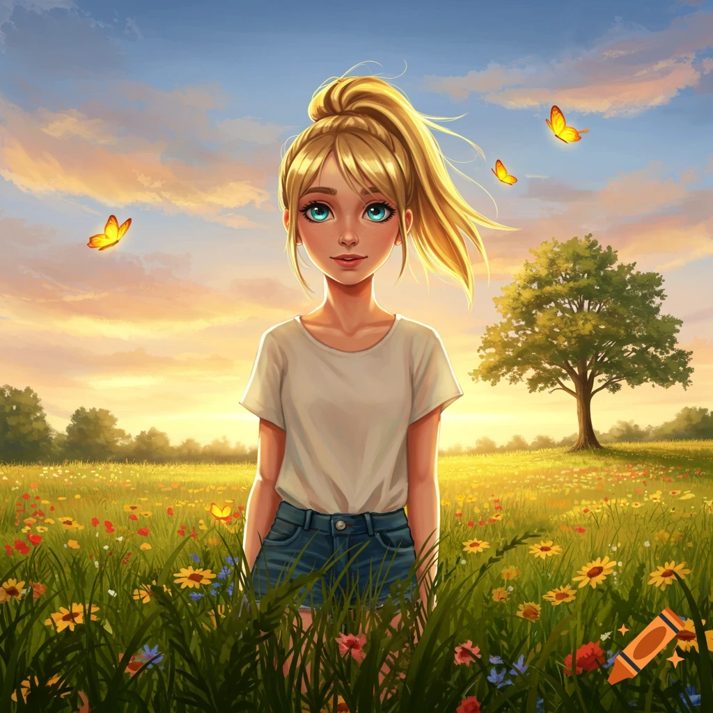 Digital illustration of a blonde girl with a ponytail standing in a vibrant wildflower field under a golden sunset sky with butterflies.