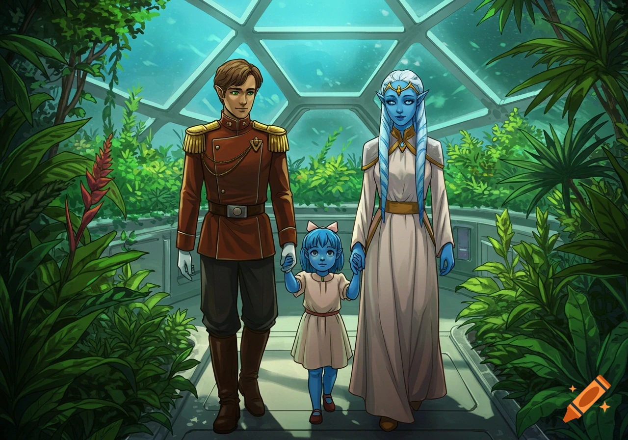 A human man, an alien woman, and their blue-skinned daughter walk hand-in-hand through a lush sci-fi greenhouse in 1990s anime style.