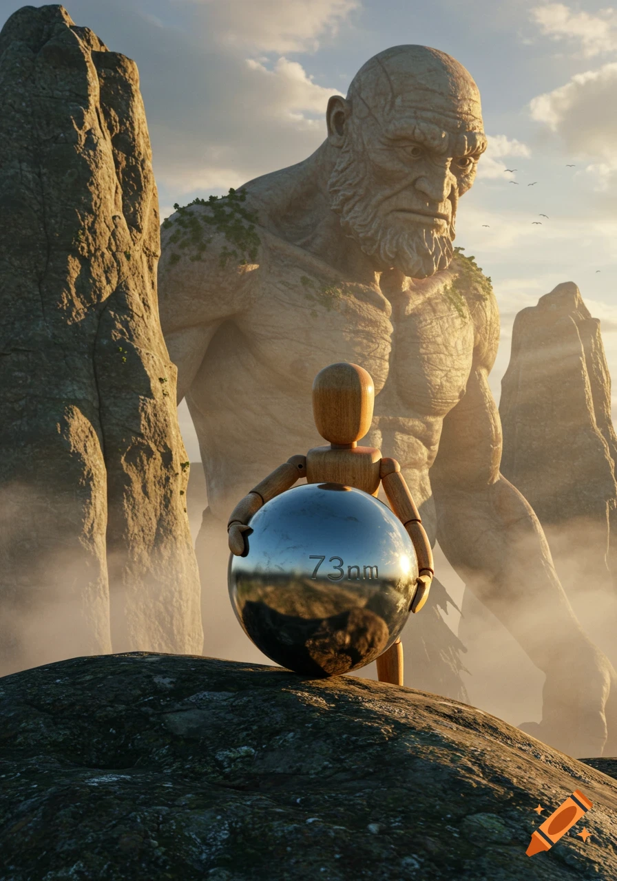A photorealistic image of a wooden doll holding a reflective silver sphere labeled '73nm' in front of a giant stone figure in a misty, rocky landscape.