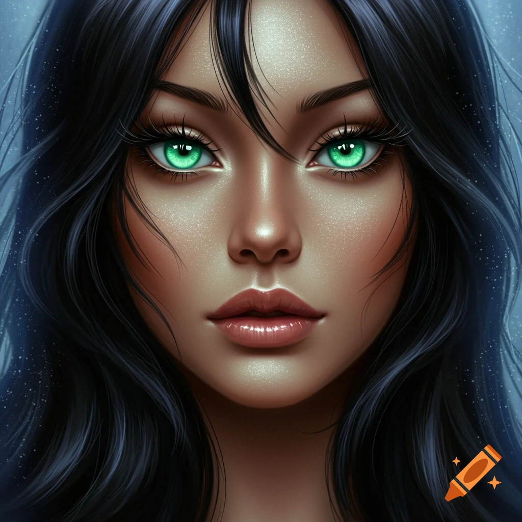 Close-up digital painting of a woman with dark hair, glowing skin, and striking bright green eyes, looking forward.