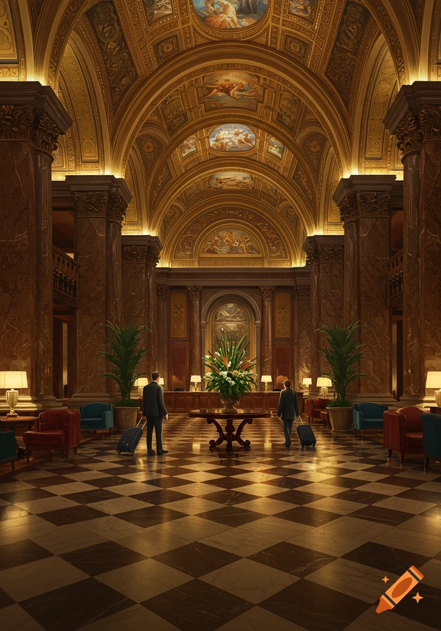Two men with luggage walk through a grand, richly decorated hotel lobby with high arched ceilings, marble columns, and a checkered floor.